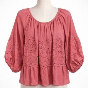 Pink Peasant‎ Blouse Embroidered Eyelet Lace Puff Sleeve XL Boho Cottagecore